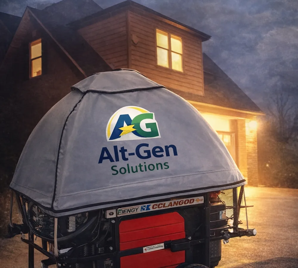 Alt-Gen storm-ready generator outside a home at night.