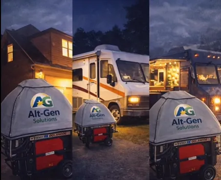 Alt-Gen portable generator shown near home, RV and small business settings.
