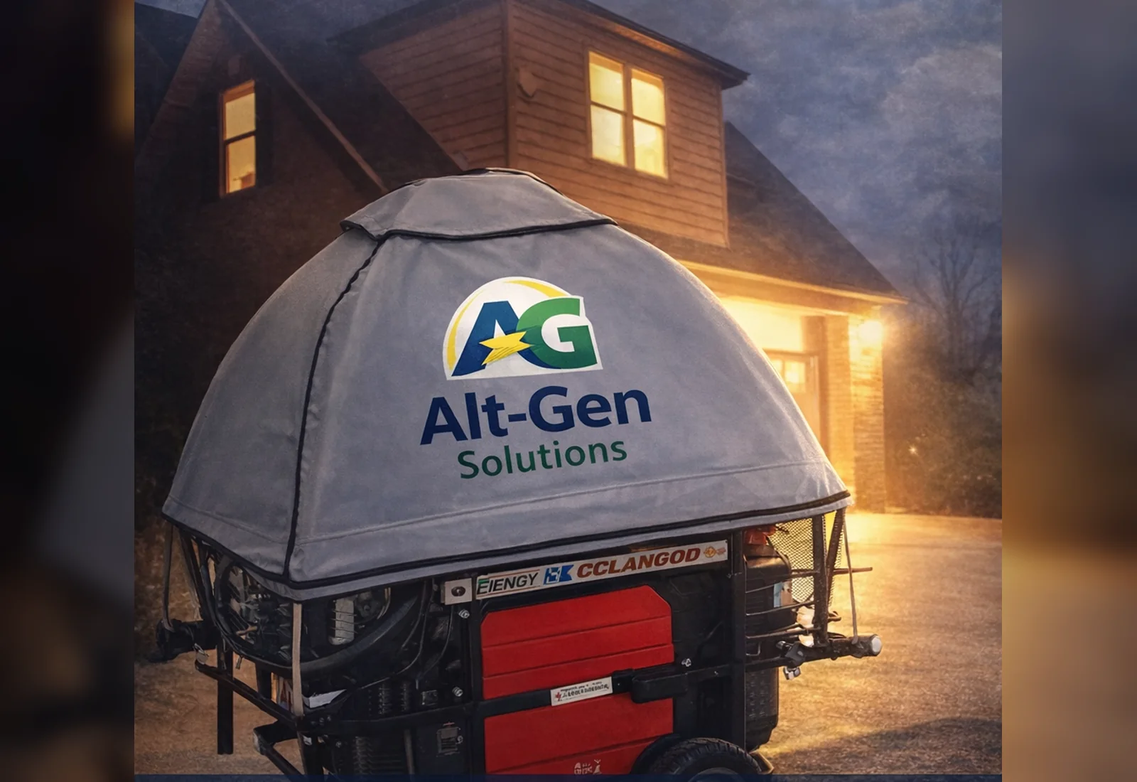 Alt-Gen Solutions branded GenTent XL-style generator cover outside a home.
